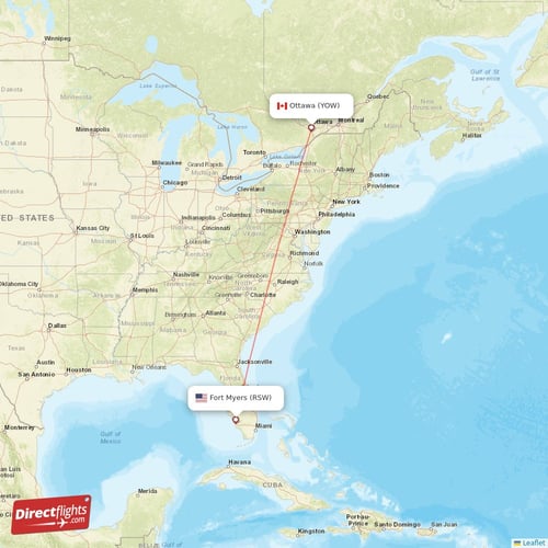 Fort Myers - Ottawa direct flight map