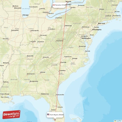 Fort Myers - Toronto direct flight map