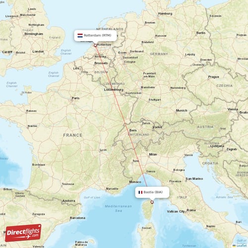 Rotterdam - Bastia direct flight map