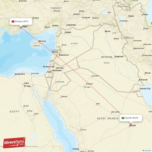 Riyadh - Antalya direct flight map