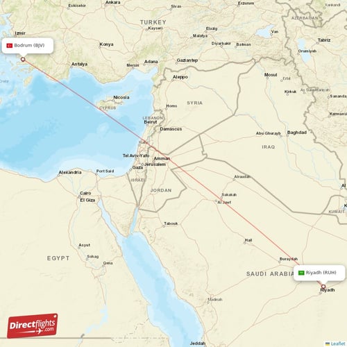Riyadh - Bodrum direct flight map