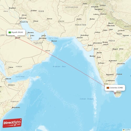 Riyadh - Colombo direct flight map