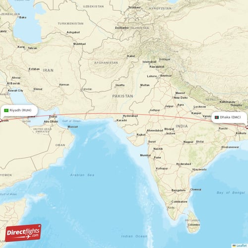 Riyadh - Dhaka direct flight map