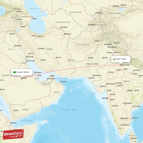 Riyadh - Delhi direct flight map