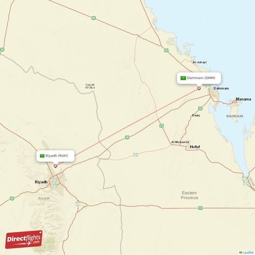 Riyadh - Dammam direct flight map