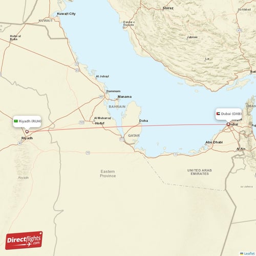 Riyadh - Dubai direct flight map