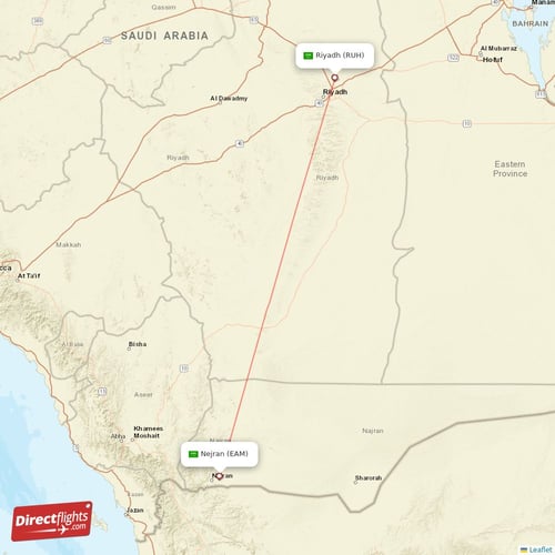 Riyadh - Nejran direct flight map
