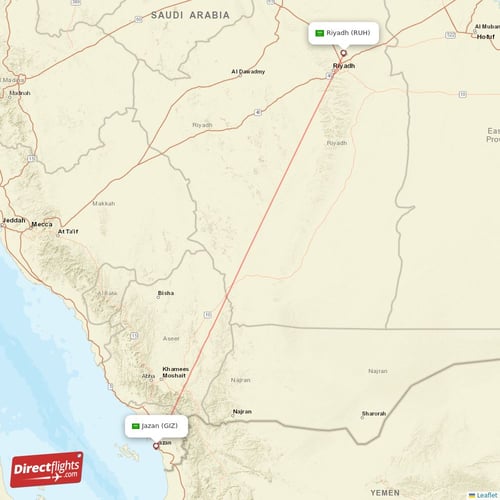 Riyadh - Jazan direct flight map