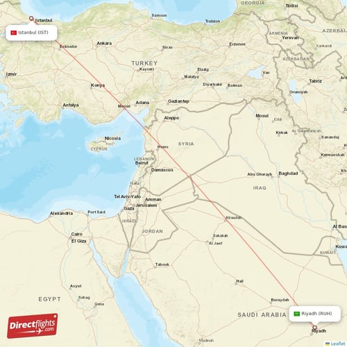 Riyadh - Istanbul direct flight map