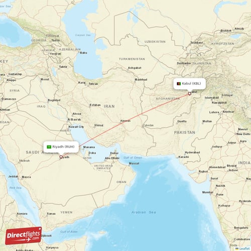 Riyadh - Kabul direct flight map