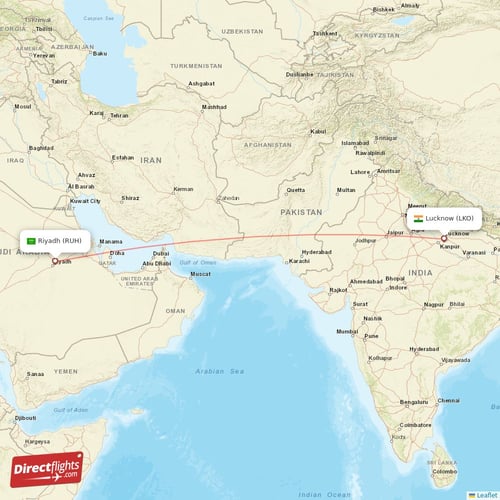 Riyadh - Lucknow direct flight map