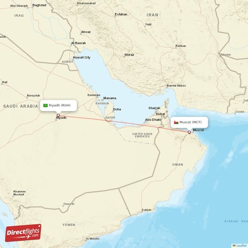 Riyadh - Muscat direct flight map