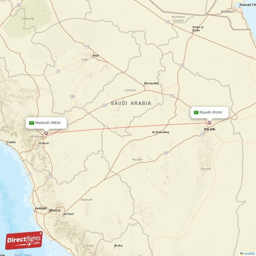 Riyadh - Madinah direct flight map