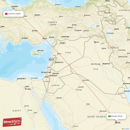 Riyadh - Istanbul direct flight map