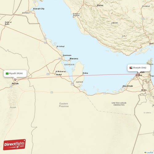 Riyadh - Sharjah direct flight map