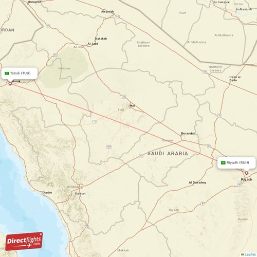 Riyadh - Tabuk direct flight map
