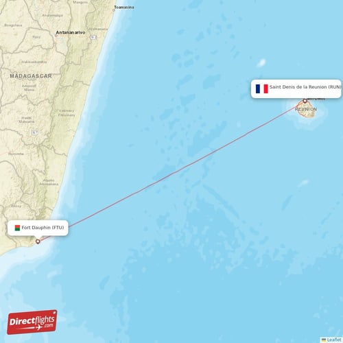 Saint Denis de la Reunion - Fort Dauphin direct flight map