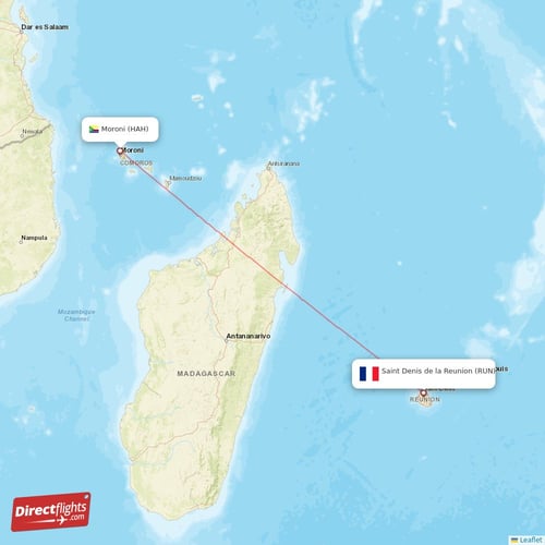 Saint Denis de la Reunion - Moroni direct flight map