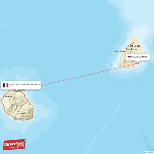 Saint Denis de la Reunion - Mauritius direct flight map