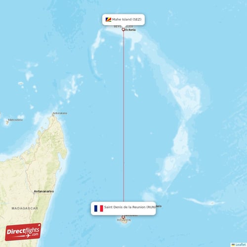 Saint Denis de la Reunion - Mahe Island direct flight map