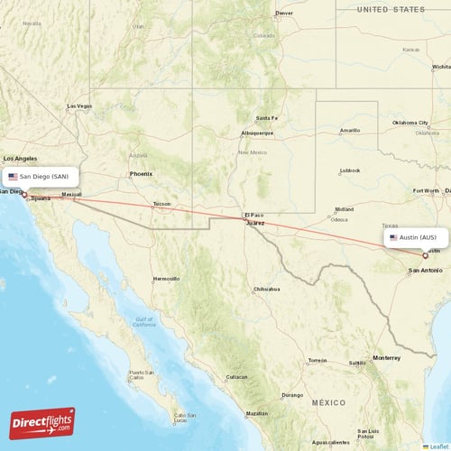 San Diego - Austin direct flight map