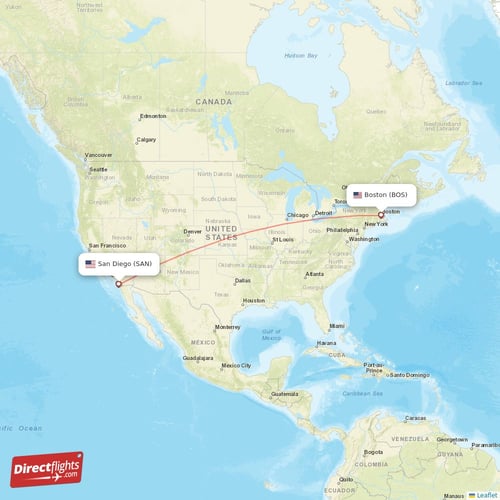 San Diego - Boston direct flight map