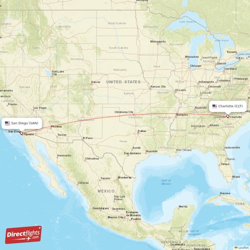 San Diego - Charlotte direct flight map