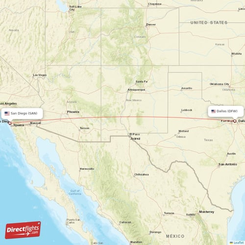 San Diego - Dallas direct flight map