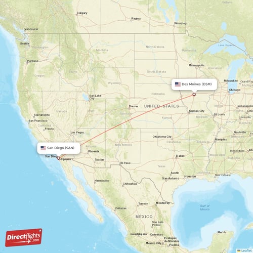 San Diego - Des Moines direct flight map
