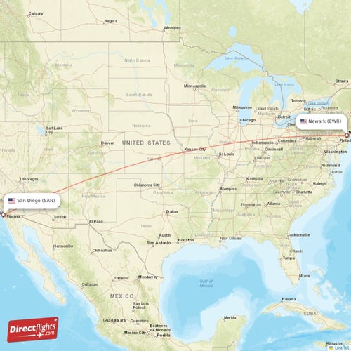 San Diego - New York direct flight map