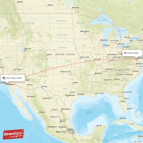 San Diego - Dulles direct flight map