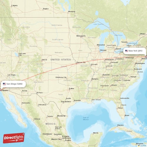 San Diego - New York direct flight map