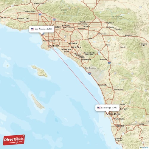 San Diego - Los Angeles direct flight map