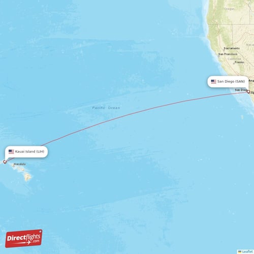 San Diego - Kauai Island direct flight map
