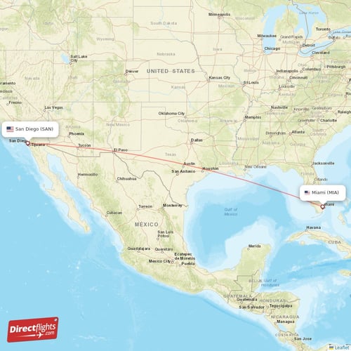 San Diego - Miami direct flight map