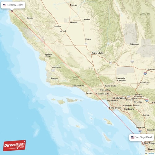 San Diego - Monterey direct flight map