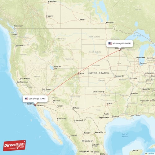 San Diego - Minneapolis direct flight map