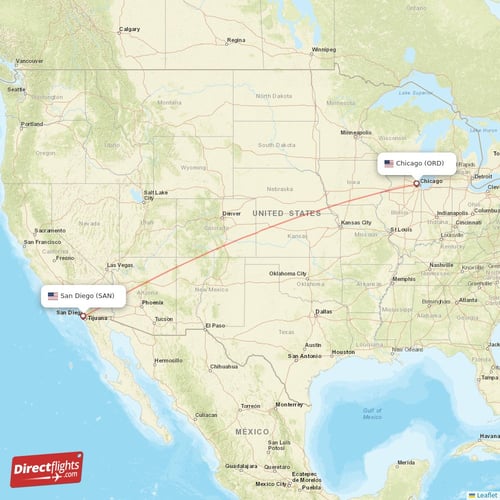 San Diego - Chicago direct flight map