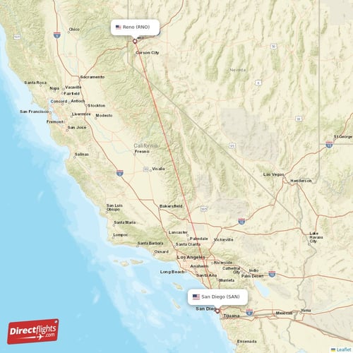 San Diego - Reno direct flight map