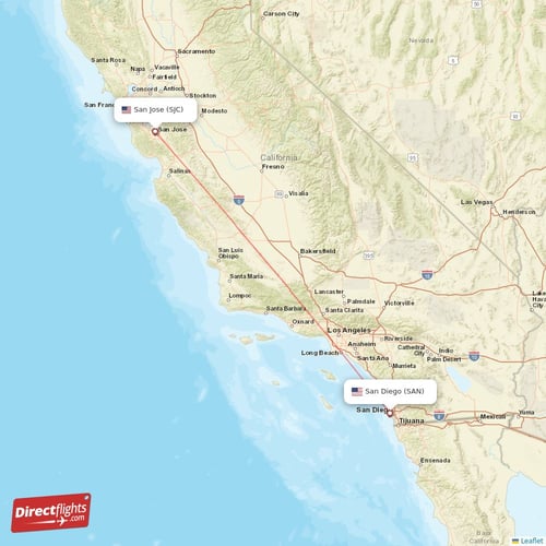 San Diego - San Jose direct flight map