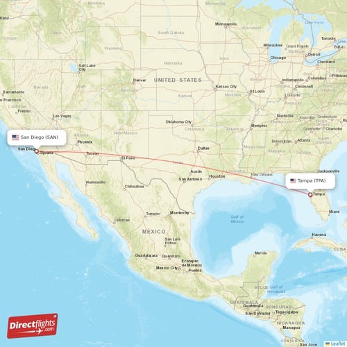 San Diego - Tampa direct flight map