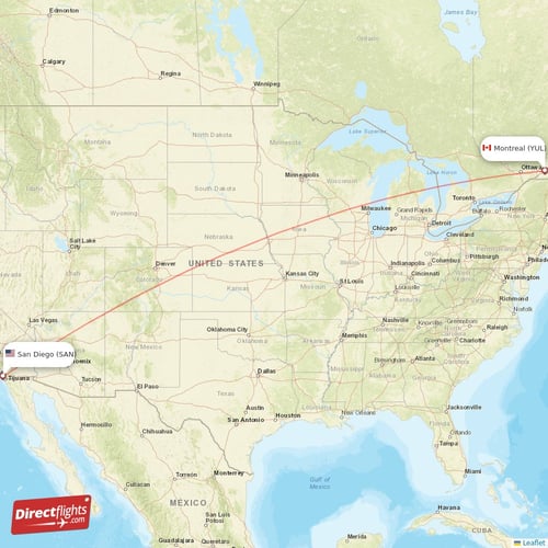 San Diego - Montreal direct flight map