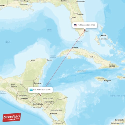San Pedro Sula - Fort Lauderdale direct flight map