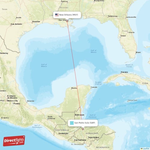 San Pedro Sula - New Orleans direct flight map