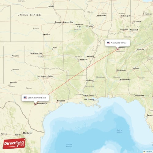 San Antonio - Nashville direct flight map