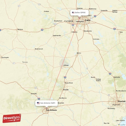 San Antonio - Dallas direct flight map