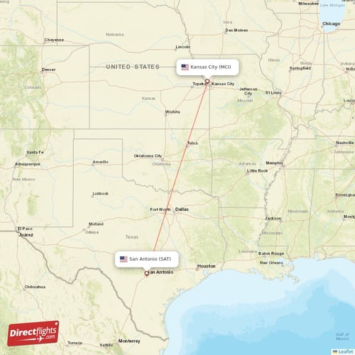 San Antonio - Kansas City direct flight map