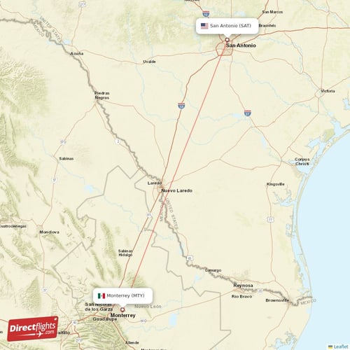 San Antonio - Monterrey direct flight map