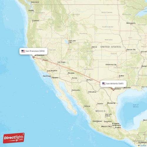 San Antonio - San Francisco direct flight map