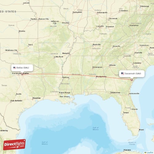 Savannah - Dallas direct flight map